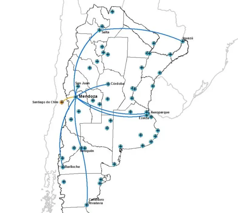 Mapa de rutas desde el aeropuerto de Mendoza, año 2013. Fuente: ORSNA