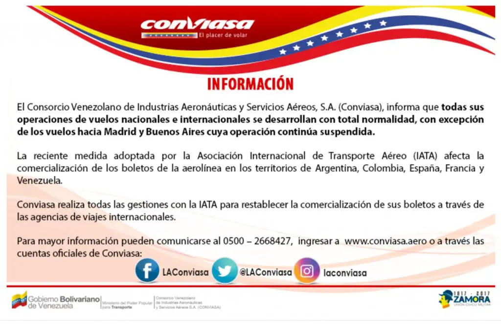 Conviasa - comunicado vuelo Bs As Madrid JUN2017